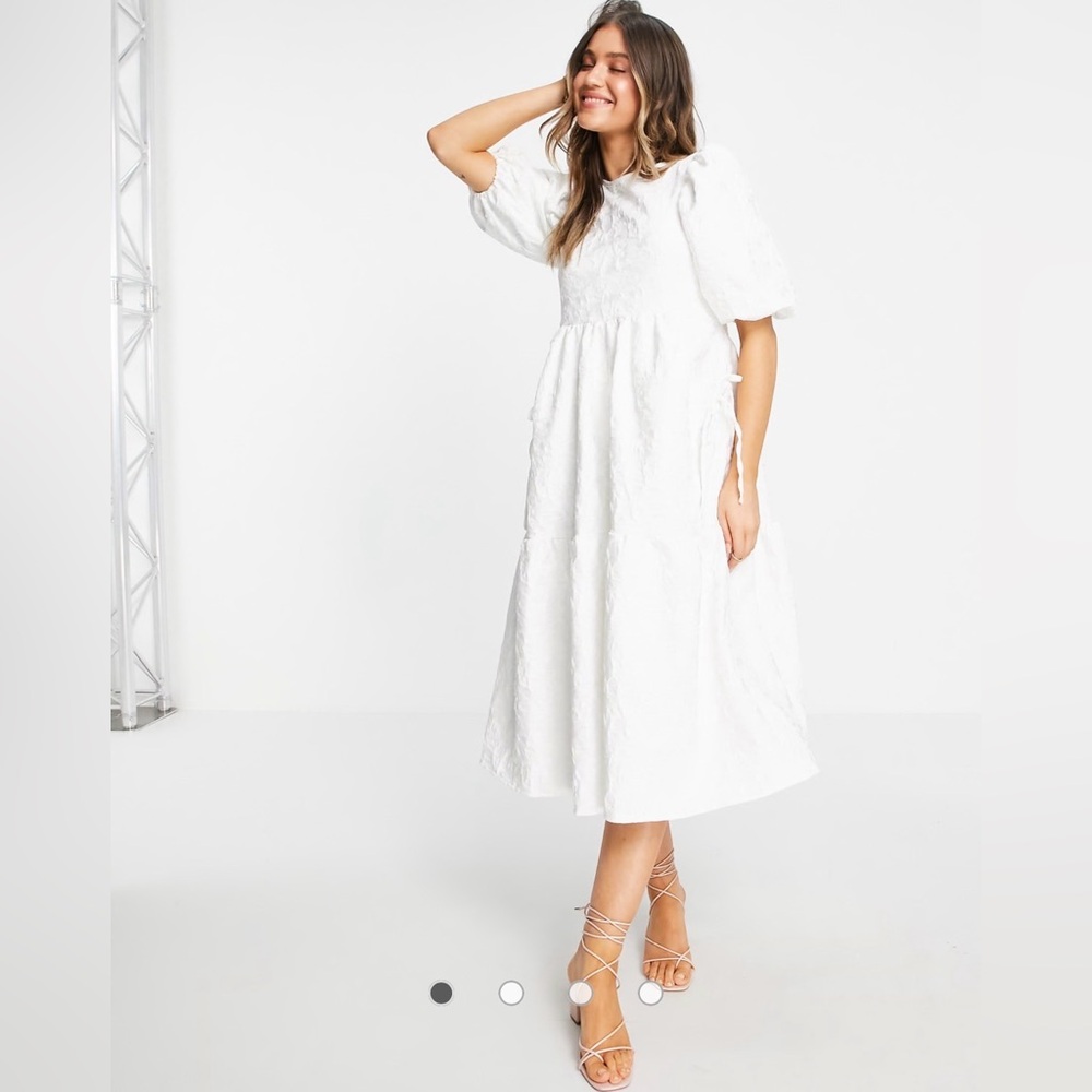White Puff-Sleeve Textured Midi Dress
